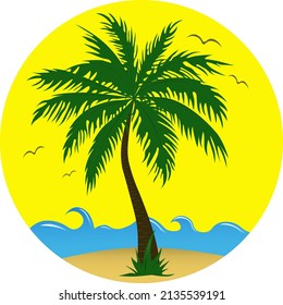 Palm tree with blue waves on the sunny round background. Vector illustration EPS 10.