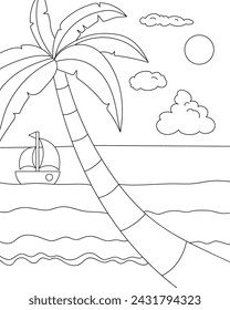 Palm tree and boat, beach. Coloring page, black and white vector illustration.