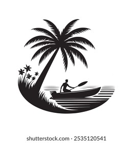 A palm tree with a boat and a surfer vector style silhouette art illustration