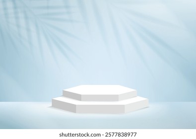 Palm Tree Branch With Blue Background With Podium  With Podium Gradient Mesh, Vector Illustration