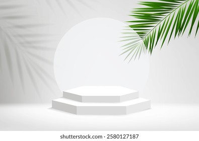 Palm Tree Branch With Blue Background With Podium Gradient Mesh, Vector Illustration