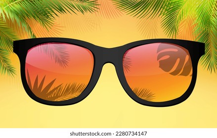 Palm Tree Branch Border And Orange Background With Sunglasses 
With Gradient Mesh, Vector Illustration

