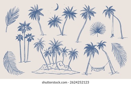 Palm tree and branch elements. Coastal vacation drawings. Hand drawn illustration of island, hammock and swing. Graphic background.
