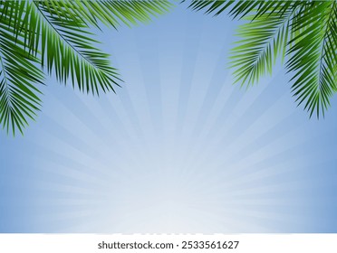 Palm Tree Branch Frame Isolated Blue Sunburst With Gradient Mesh, Vector Illustration