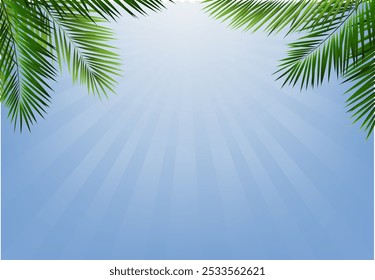 Palmenzweigrahmen einzeln blauer Himmel und Sonnenaufgang mit Farbverlauf-Mesh, Vektorgrafik