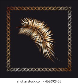 Palm tree branch in the frame on black background. Vector illustration.