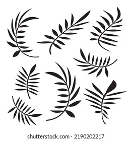 Palm tree branch icon set, black isolated on white background, vector illustration.