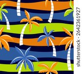 Palm tree bright seamless pattern design. Paradise rapport. Palms on stripped