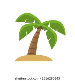 Palm tree with brown trunk and green leaves on small beach suitable for travel brochures, tropical vacation websites, tropical nature themes