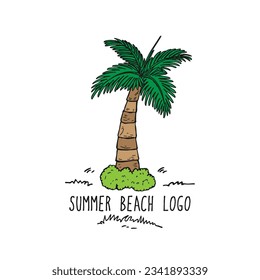 Palm tree with bushes hand-drawn doodle cartoon with watercolor logo concept.