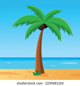 Palm tree by the sea. Flat vector illustration big beautiful palm tree near ocean sea. Sea sand palm. Maldives	
