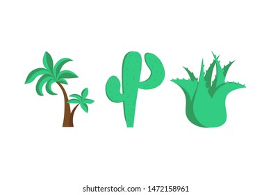 Palm tree, cactus with thorns, aloe. Plants of hot countries, deserts. African, mexican plants. Set