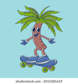 Palm tree cartoon playing skateboad hand drawn character