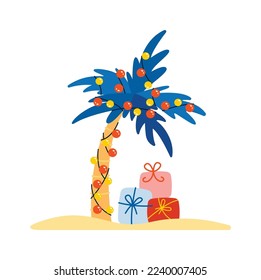 Palm tree in Christmas lights flat icon Warm country. Vector illustration