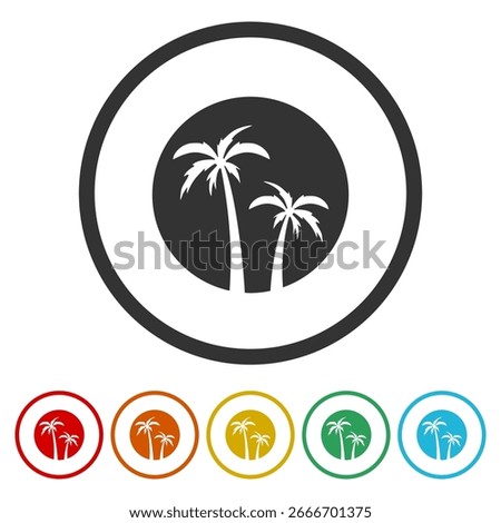 Palm tree circle icon. Set icons in color circle buttons