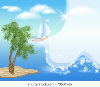 Palm tree, clouds and and billowing tulle. Sailboat floats on the sea under clear sun and floating clouds.