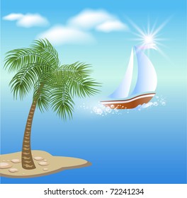 Palm tree, clouds and sun. Sailboat floats on the sea  under clear sun and floating clouds.