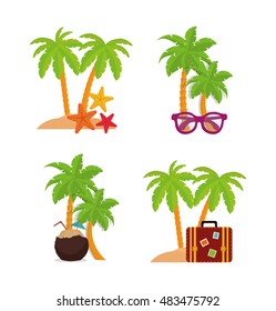 Palm tree coconut bag glasses and sea star icon. Summer beach holiday and vacations theme. Colorful design. Vector illustration
