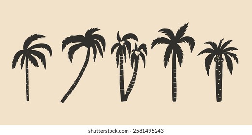 Palm Tree Coconut Black Silhouette Set. Hawaii Tropic Plant Graphic Collection. Forest Vector Illustration