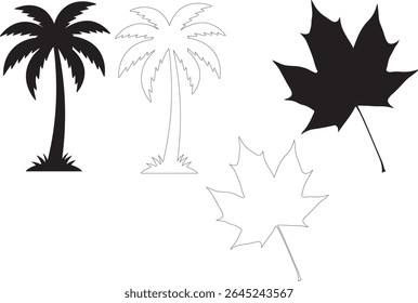 Palmera o coco con silueta de hoja y contorno 
