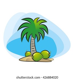 palm tree with coconut on island-vector drawing