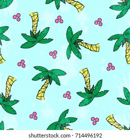 Palm tree and coconut pattern. Print for t-shirt, apparel, fabric or wrapping. Painted effects are easily removable. Vector is seamless and repeatable.