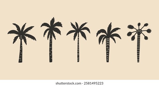 Palm Tree Coconut Silhouette Set. Hawaii Tropic Plant Graphic Collection. Forest Vector Illustration