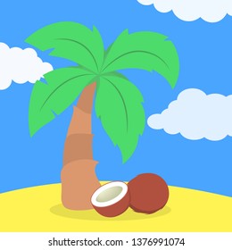 Palm tree with coconut. Summer landscape. Blue sky and yellow sand. Idea of vacation on the beach. Flat vector illustration