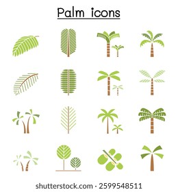 Palm tree and Coconut trees icon set in flat color style