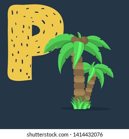 Palm tree with coconut vector with letter P isolated on a dark background.Cute African  exotic plant childhood education