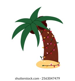 palm tree with coconuts is decorated with garland of Christmas lights, standing out against a white background. Merry Christmas. Suitable for printing on greeting cards, posters, banners souvenirs.