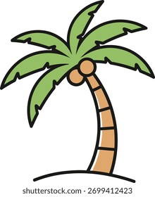 A palm tree with coconuts evokes tropical summer vacations and beach getaways. This cartoon illustration is isolated on a white background and is simple and flat.