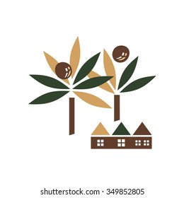 Palm tree with coconuts and home. Abstract symbol home cottage village.The flat illustration.