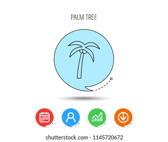 Palm tree with coconuts icon. Travel or vacation symbol. Nature environment sign. Calendar, User and Business Chart, Download arrow icons. Speech bubbles with flat signs. Vector