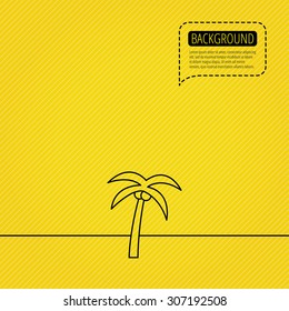 Palm tree with coconuts icon. Travel or vacation symbol. Nature environment sign. Speech bubble of dotted line. Orange background. Vector