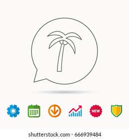 Palm tree with coconuts icon. Travel or vacation symbol. Nature environment sign. Calendar, Graph chart and Cogwheel signs. Download and Shield web icons. Vector