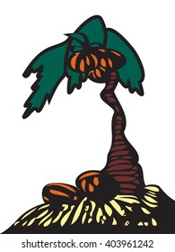 Palm tree with coconuts isolated on white background. Coconuts on the ground. Summer team. Vector illustration