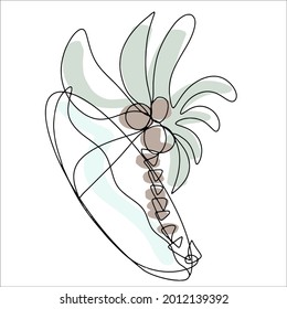 Palm tree with coconuts and surfboard one line drawing