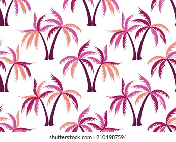 Diseño vectorial de patrón ininterrumpido y colorido de palmeras. Plantas de jardín exóticas adorno textil. El fondo de las siluetas de coco con palmeras. Ilustración del paisaje al aire libre. Impresión de tela de moda.
