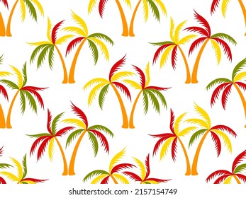 Palm tree colorful seamless pattern vector design. Exotic jungle plants fabric ornament. Coconut palm tree silhouettes background. Botany rapport. Summer fashion print.