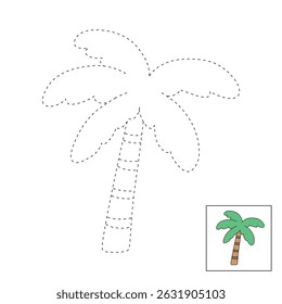 Palm tree coloring pages for kids. Trace and color Palm tree. Fun summer worksheets for kids activity printable. Doodle palm tree clip art, element, icon vector illustration.
