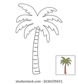 Palm tree coloring pages for kids. Trace and color Palm tree. Fun summer worksheets for kids activity printable. Doodle palm tree clip art, element, icon vector illustration.
