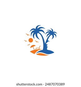 Palm tree combination with human face, creative logo design.