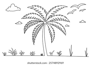 Palm tree continous  simple line drawing black and white