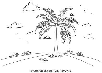 Palm tree continous  simple line drawing black and white