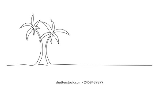 Palm tree continuous line drawing of natural coconut on white background. Minimalist concept of travel and leisure. Vector illustration