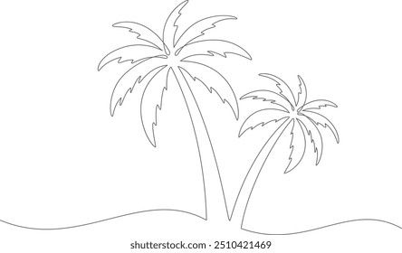 Palm tree continuous line. Hand drawn palm. Tropical landscape in minimalist style.