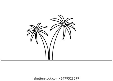 Palm tree continuous one line drawing of  Isolated outline vector art white background 