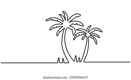 Palm tree continuous one line drawing of outline vector illustration, simple minimalist