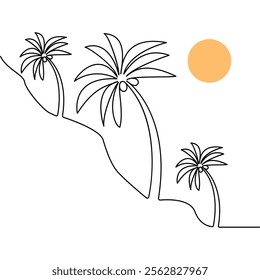 Palm tree continuous single line art sketch drawing of outline vector illustration.
